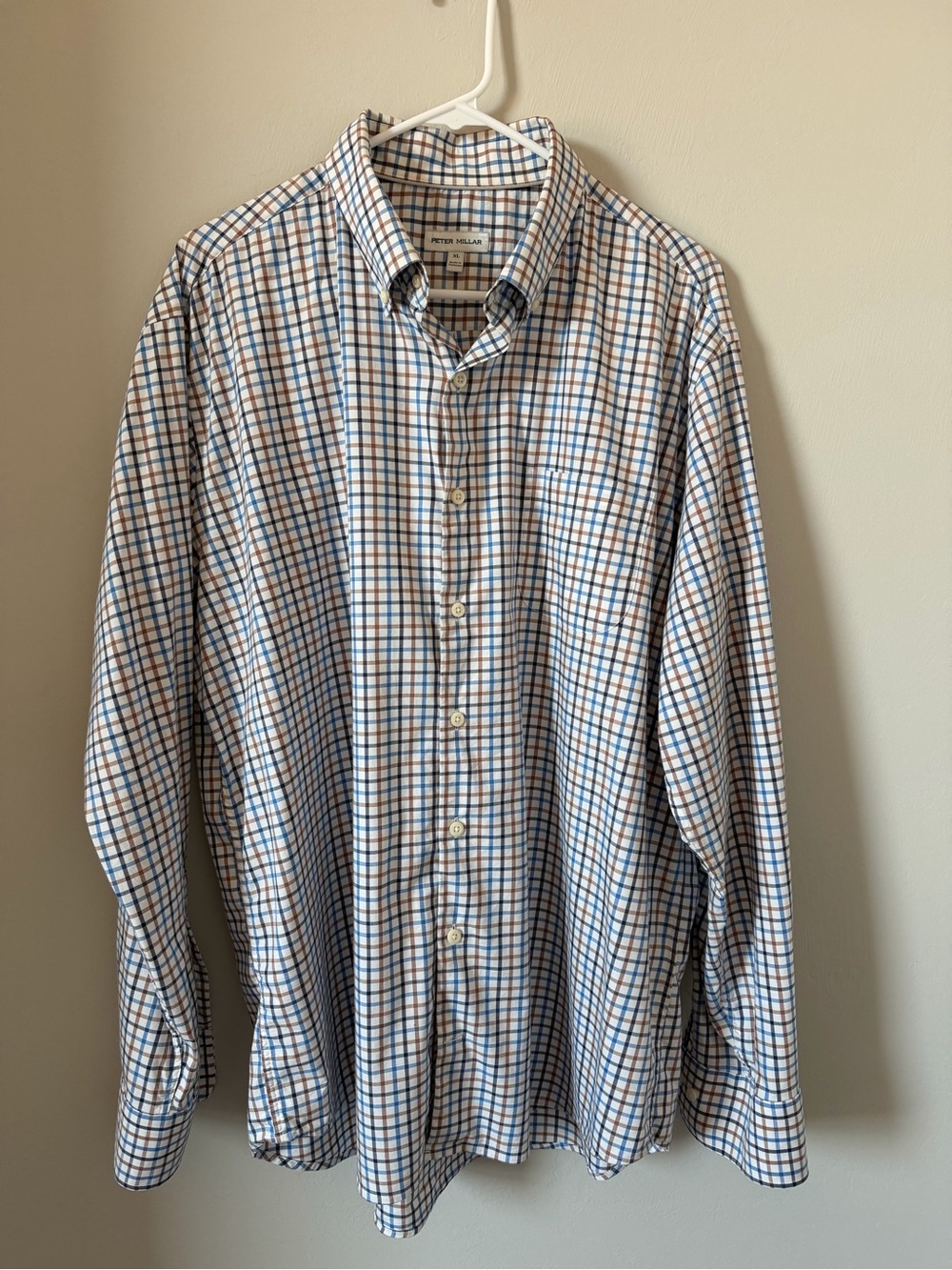 Peter Millar White Blue and Brown Check Button-Down Shirt